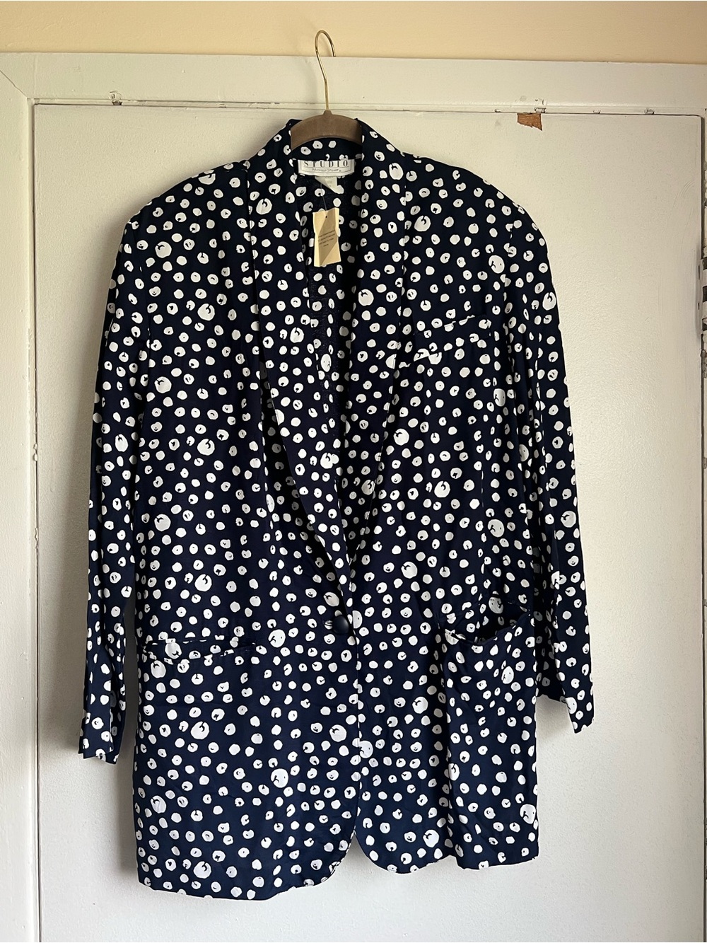 Studio Michelle Stuart Vintage Navy White Polka Dot Blazer Oversized Size Large